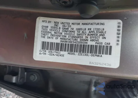 2004 Toyota Corolla Ce/Le/S from USA, damaged, VIN 1NXBR38E54Z209194